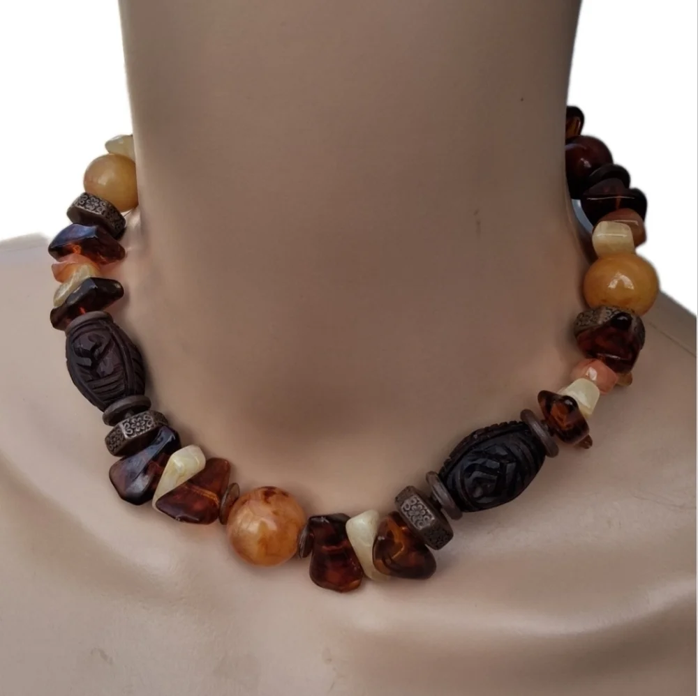 Vintage Carol Dauplaise Carved Wood & Faux Amber Chunky Statement Necklace